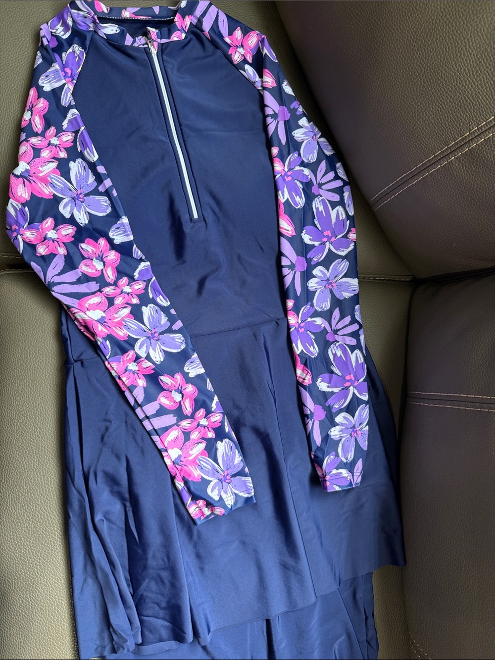 SHEIN Navy Floral Zip-Front Long-Sleeve Swim Tunic with Pink & Purple Flowers
